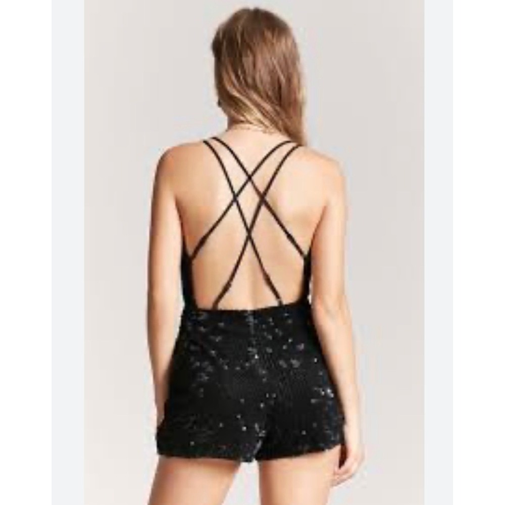 Black Sequin Romper Size Small Surplice Open Back Party Birthday Clubwear